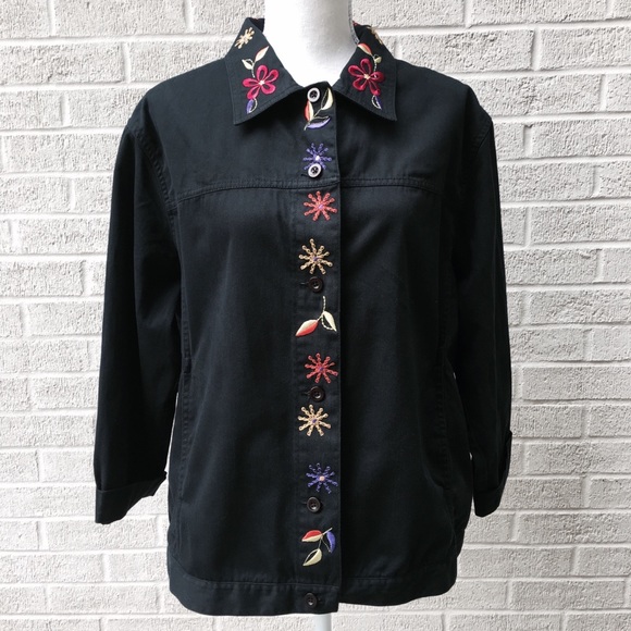 embroidered black denim jacket
